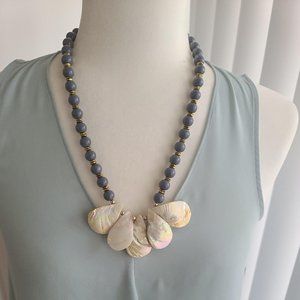 Soothing Blue/Gray Agate Necklace with Shell Focal Beads, 26" Long